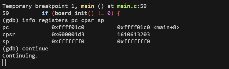 그림 1. 시작 코드를 거쳐 main에 도착한 GDB 화면과 CPU 레지스터